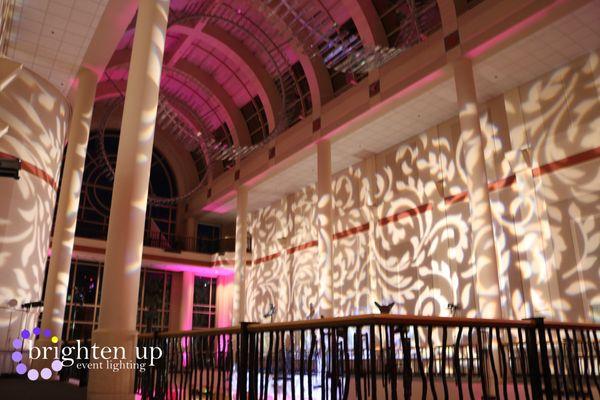 Tsakopoulos Library Galleria Wedding Hot Pink Uplighting Monogram Pattern Sacramento | Brighten Up Event Lighting