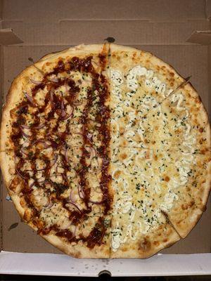 1/2 bbq chicken, 1/2 white pizza