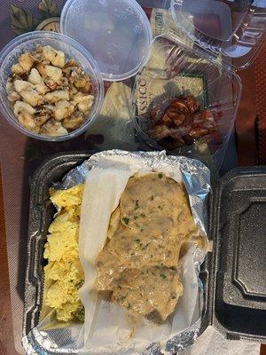 Biscuits & gravy, eggs, home potatoes AND bacon!