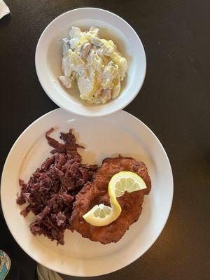 Wiener schnitzel, red cabbage, potato salad