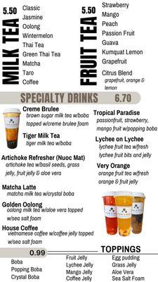 Milk tea menu