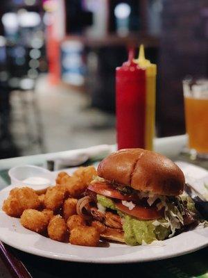 "Chicken Club" on a bun with tots on the side. No need for dipping into ranch on the club, it was so juicy!!!!