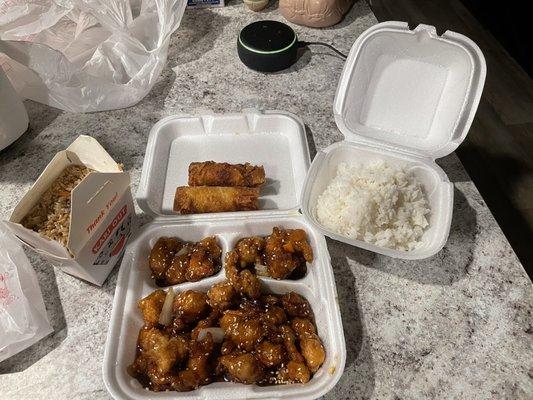 Sesame chicken/chicken fried rice/white rice/egg rolls