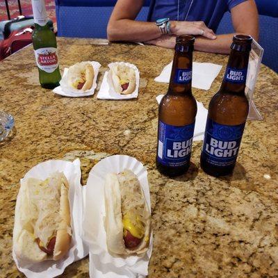 Hotdogs and cold beer.