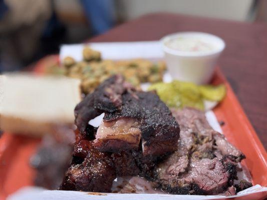 3 meat combo with ribs, sliced brisket, and burnt ends.