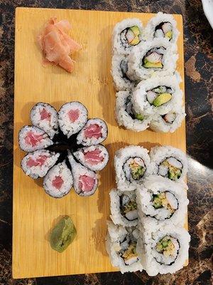 California roll. Shrimp crunch roll. Tuna roll.