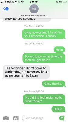 Text conversation of the employees avoiding my messages and how they never came to the appointment I had to fix our washer.