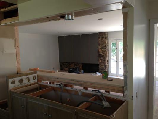 Kitchen during the construction - the wall is gone