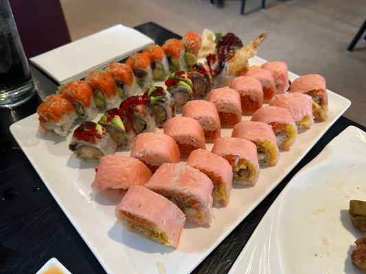 Hawaii Beach Roll, Kawasaki Roll, Dancing Dragon Roll, and Spicy Girl Roll (Front to back)