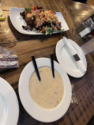 Clam chowder and Jonah crab cakes