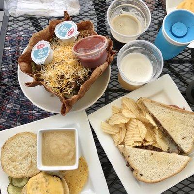 Taco salad, Cuban on Texas toast, and child's cheeseburger.