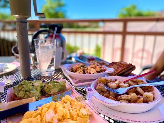 Avocado toast, Athena scramble, ranch potatoes, scrambled eggs and sourdough bread :)