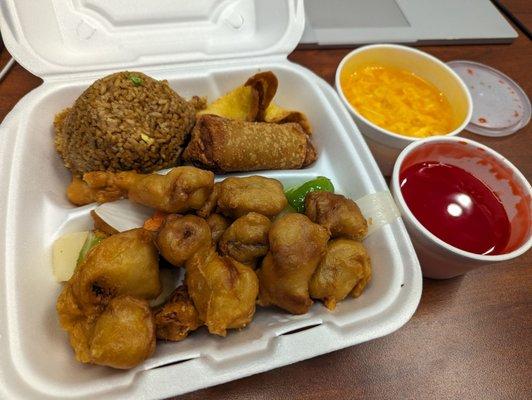 Sweet and sour pork lunch special with fried rice and egg drop soup