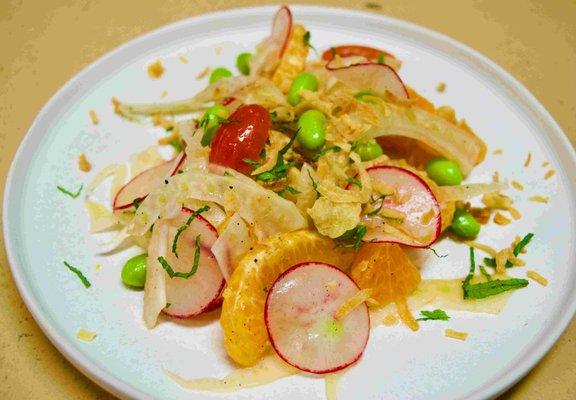 Second Course (4-Course) - Satsuma Mandarins and Fennel Salad Edamame, Shaved radish, Grape tomatoes, Crispy Shallots, Li-hing mui Vinaigr