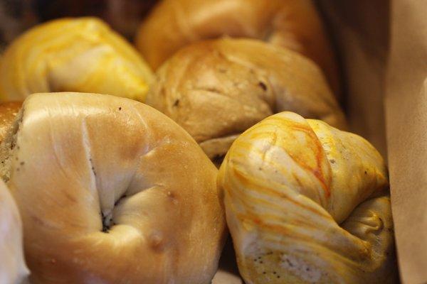 Plain bagel on the left. Sundried Tomato bagel on the right. Yum!