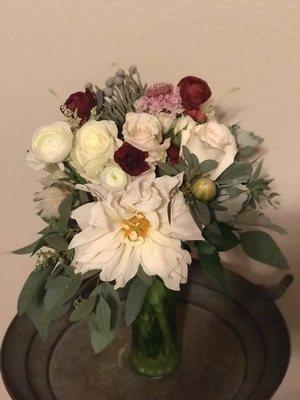 Dahlias, lizianthas, and roses bridesmaid bouquet