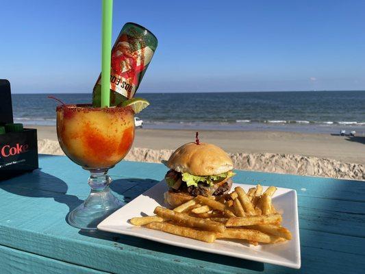 Mango Beer-Rita rimed with chamoy and tajin paired with our mouth-watering Spicy Burger.