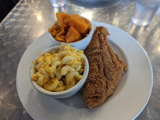 Fried catfish, mac and cheese, and yams.