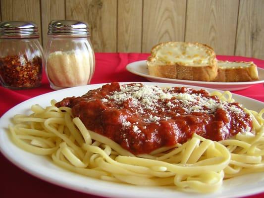 WE HAVE HOMEMADE SAUCE FOR OUR SPAGHETTI, IT IS SERVED WITH FRESHLY TOASTED GARLIC BREAD.