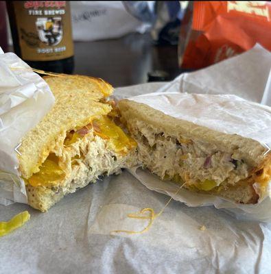 Tuna melt with peppers and corn.