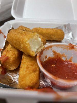 Mozz sticks, just needed a little heat up, very tasty. (Kids can make things cool down quickly!)