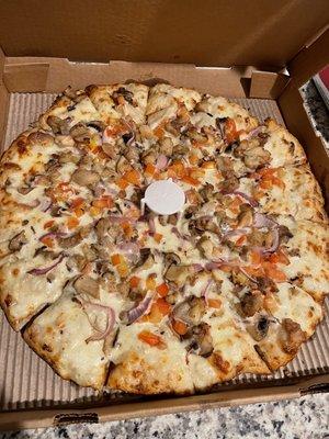 Large Robber s Roost with White Sauce Pizza ( no olives or green onions, added red onions) - Delicious!!