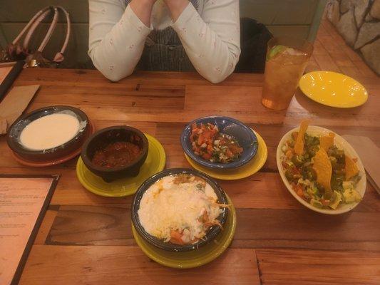 Left to right, Caso cheese dip, Salsa! Beef Chicken, Pico mix with Cheese! Pico, and Mex. Guacamole!