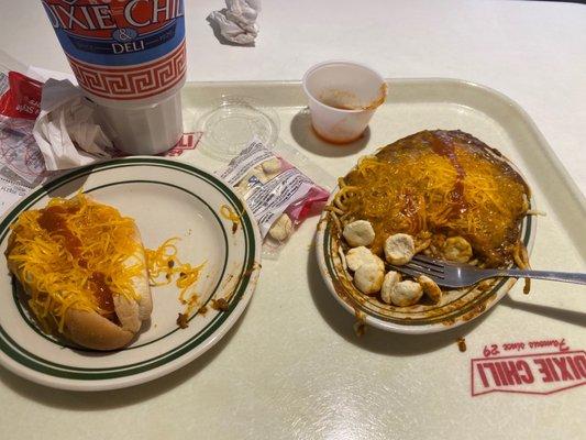 Cheese Coney and a three Chili Spaghetti 3-Way