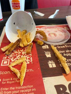 Burnt fries and a random onion ring.