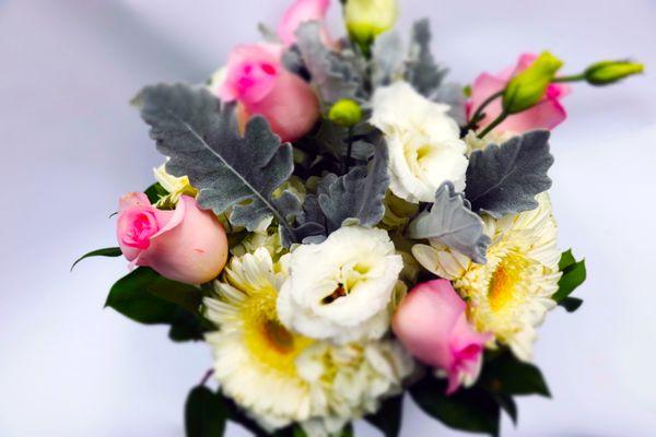 Flowers, Naturally! - A custom floral arrangement: "Icy" gerbera daisy, "Nena" rose, lisianthus, hydrangea, Dusty Miller.