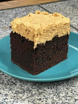 Double chocolate cake with peanut butter frosting.