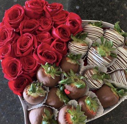 Beautiful custom order - heart shaped box - chocolate covered strawberries & roses