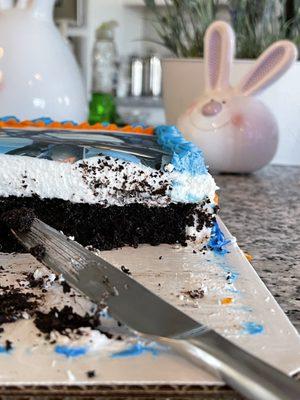 Notice the ratio of cake to icing. The cake isn't even as thick as the knife. I've never been given a cake with such little cake.