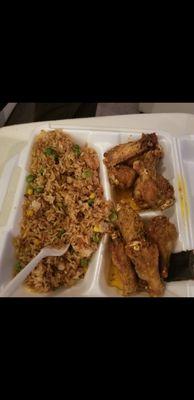 Lemon pepper wings with shrimp fried rice.