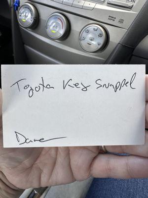 Note made by Dave after reporting key damage.