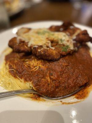 Chicken Parmigiana with Angel hair noodles (extra order of noodles)