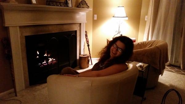 Chilling with my bridesmaid before the wedding by the fireplace