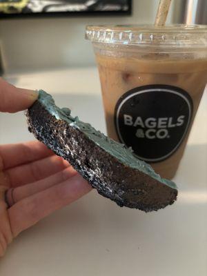 Oreo bagel w/ Cookie Monster Cream Cheese and Latte