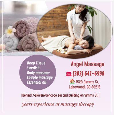 Angel Massage
1520 Simms St, Lakewood, CO 80215
Behind 7-Eleven/Concoco second building on Simms St.
Phone: (303) 641-6998