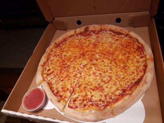 Large cheese pizza with side of marinara