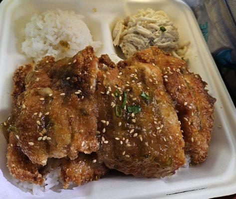 Sweet and Spicy Crispy Pineapple chicken with rice and noodle mac salad