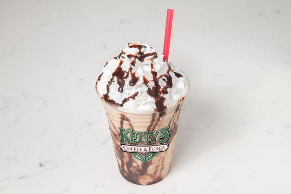 Our famous Mocha Fudge Freeze blended with home-made chocolate fudge.