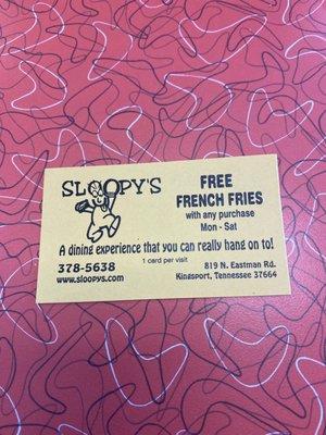 French fry coupon they give to first timers to use on the next visit