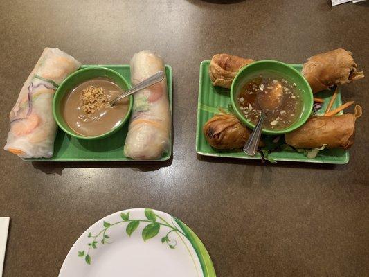 Lilly's Rolls (shrimp, Vietnamese ham, avocado, strawberry, lettuce, vermicelli & served with peanut sauce - $6.95) & Crispy Egg Rolls