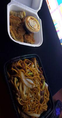 Beef lo mein and fried dumplings