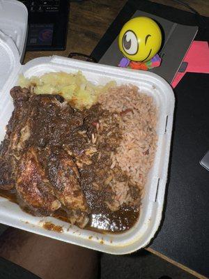 41. Jerk Chicken rice and bean, cabbage