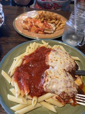 Chicken Parmesan and lobster roll.