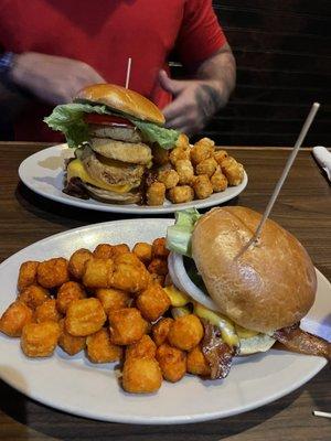 Burgers, sweet potatoes tots and regular tots.