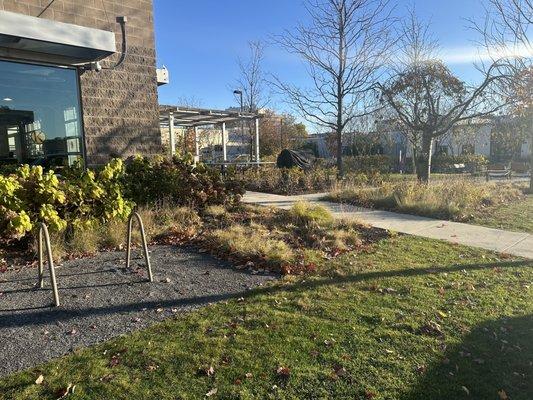 Outside seating, bike parking and a fire pit