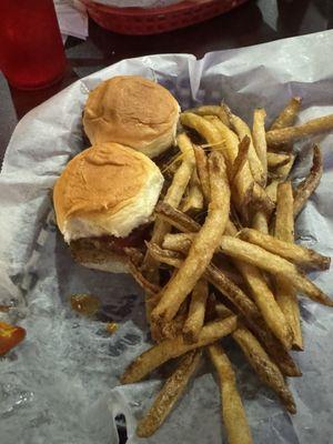 Sliders (minus one already eaten) with fries.